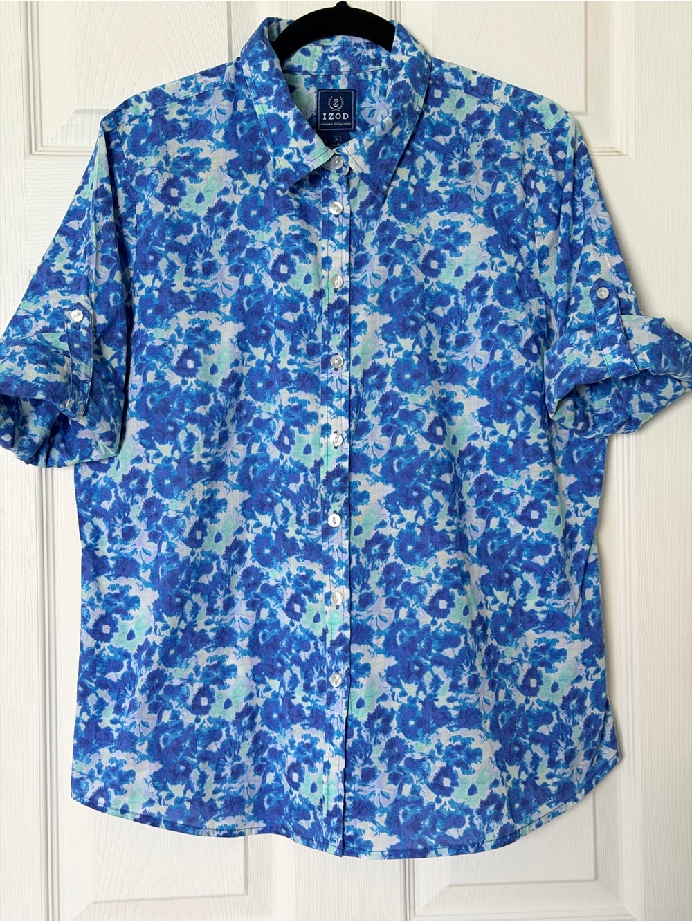 Izod Blue Floral Short-Sleeve Button-Down Shirt 100%Cotton